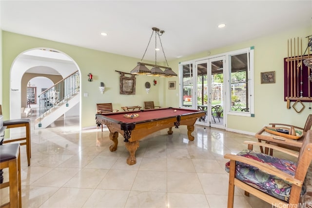 playroom with pool table and light tile patterned floors