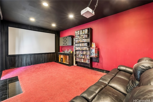 home theater room featuring carpet flooring