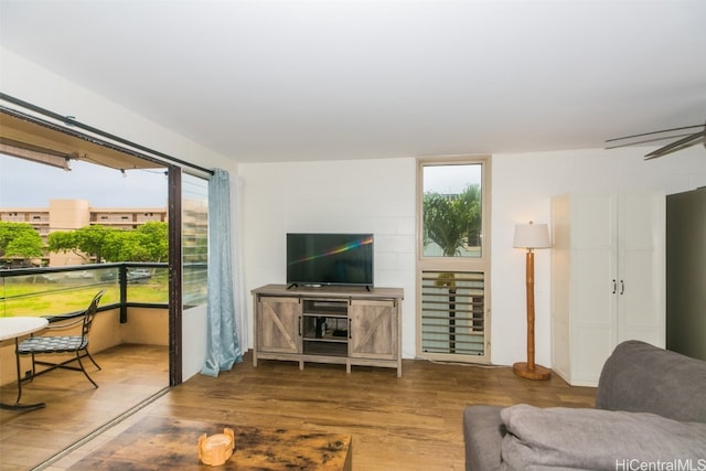 living room with hardwood / wood-style floors and ceiling fan