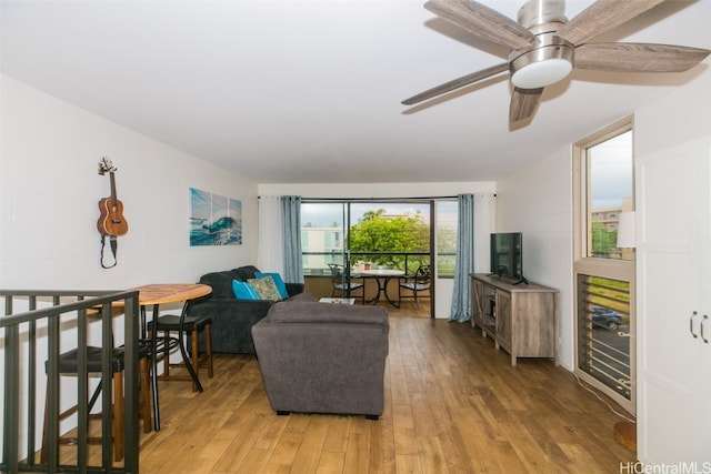 living room with ceiling fan and wood-type flooring