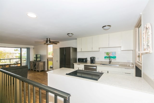 kitchen featuring dark hardwood / wood-style floors, stainless steel appliances, sink, white cabinets, and ceiling fan