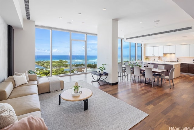 living room featuring a water view, dark hardwood / wood-style flooring, and a wall of windows