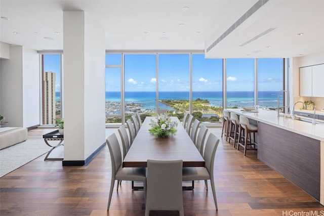 dining space featuring a water view, dark wood-type flooring, and plenty of natural light