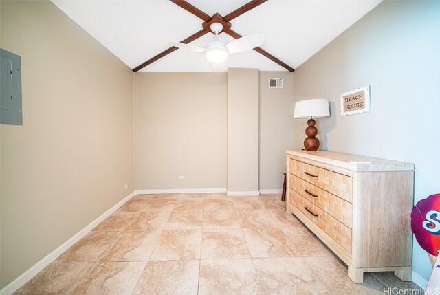 interior space with lofted ceiling, electric panel, and ceiling fan