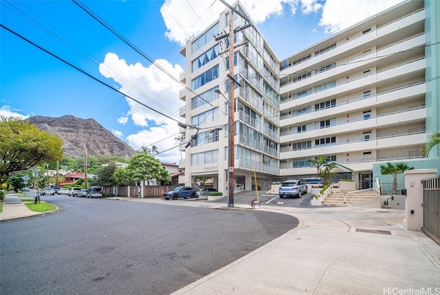 view of building exterior with a mountain view