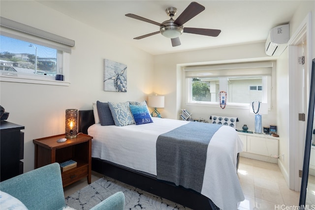 tiled bedroom featuring ceiling fan and a wall unit AC