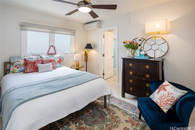 bedroom with a wall mounted air conditioner and ceiling fan