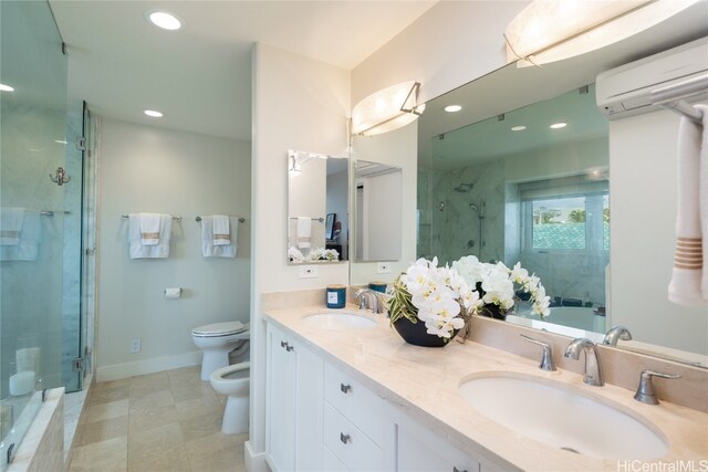 full bathroom featuring an AC wall unit, separate shower and tub, toilet, vanity, and a bidet