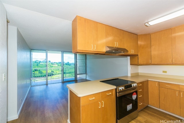 kitchen with a wall of windows, dark hardwood / wood-style floors, kitchen peninsula, and electric stove