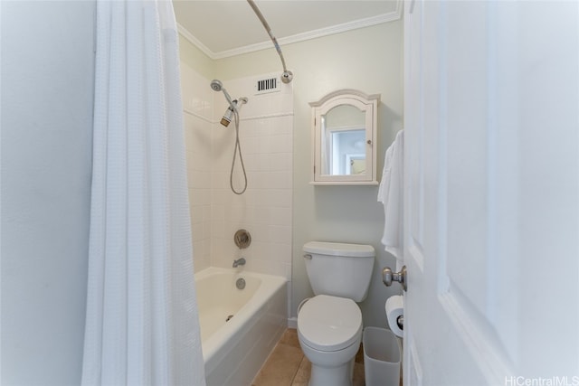 bathroom featuring ornamental molding, shower / bath combo, toilet, and tile patterned flooring