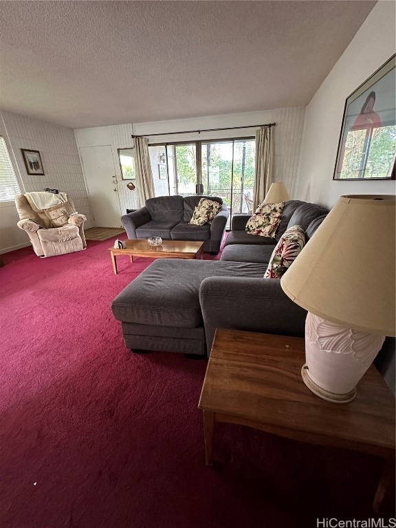 carpeted living room featuring a textured ceiling