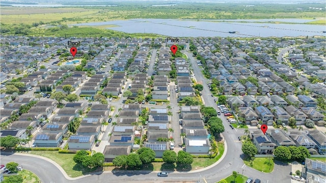 aerial view featuring a water view