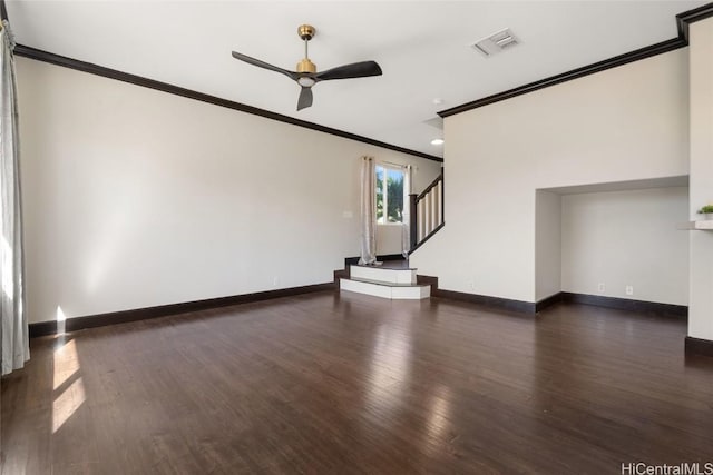 unfurnished living room featuring crown molding, ceiling fan, and dark hardwood / wood-style flooring