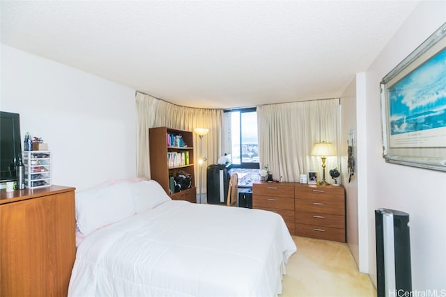 bedroom with light carpet and a textured ceiling