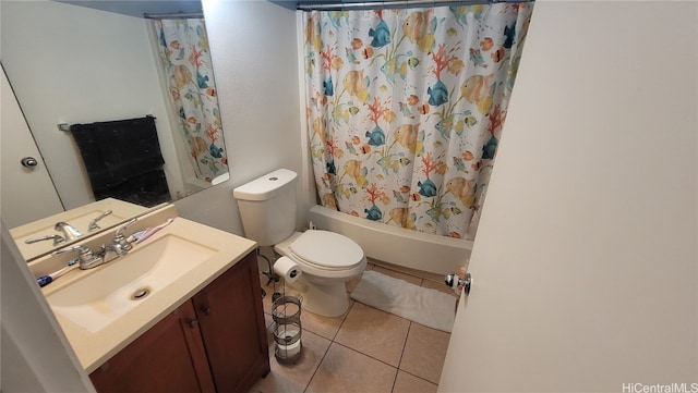 full bathroom featuring vanity, shower / tub combo, toilet, and tile patterned floors