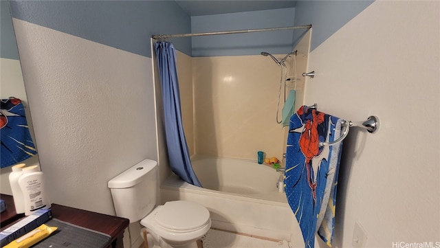 bathroom with toilet and shower / bathtub combination with curtain