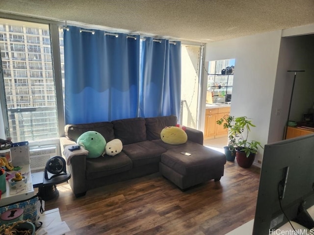 living room featuring a textured ceiling and dark hardwood / wood-style floors