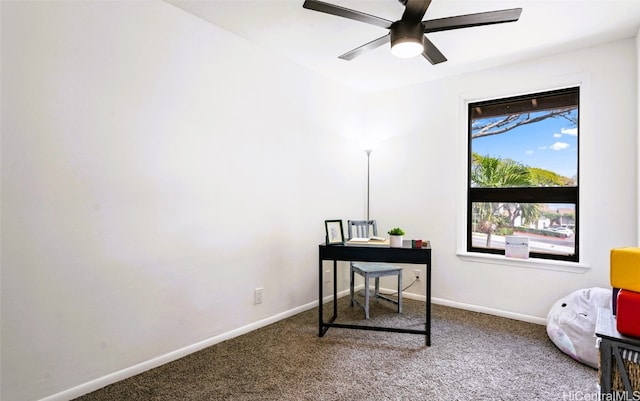 home office with ceiling fan and carpet