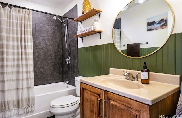 full bathroom with vanity, toilet, and shower / bathtub combination with curtain