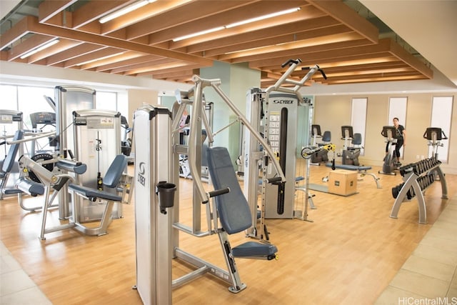 gym featuring hardwood / wood-style flooring