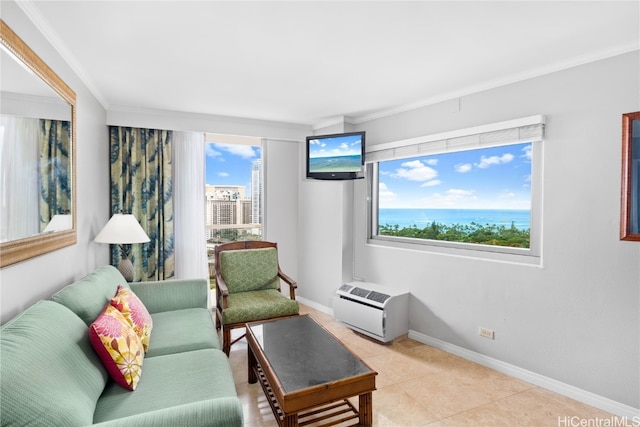 tiled living room with crown molding and plenty of natural light