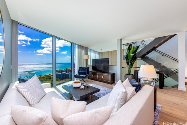 living room featuring light hardwood / wood-style flooring and a wall of windows