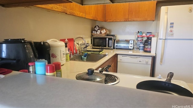 kitchen featuring white appliances, light countertops, and a sink