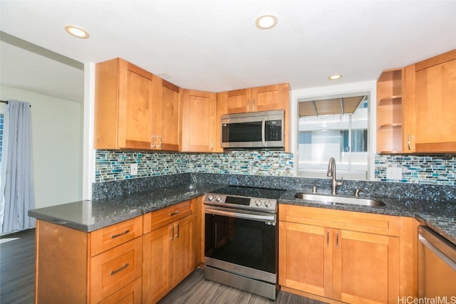 kitchen featuring stainless steel appliances, sink, dark stone counters, and dark hardwood / wood-style flooring