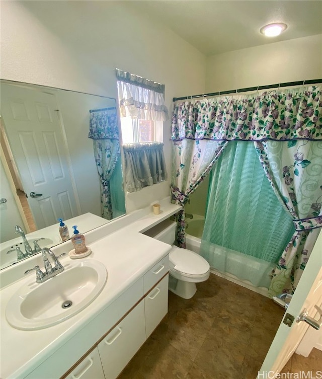 full bathroom with vanity, shower / bathtub combination with curtain, and toilet