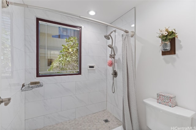 bathroom with toilet and a shower with curtain