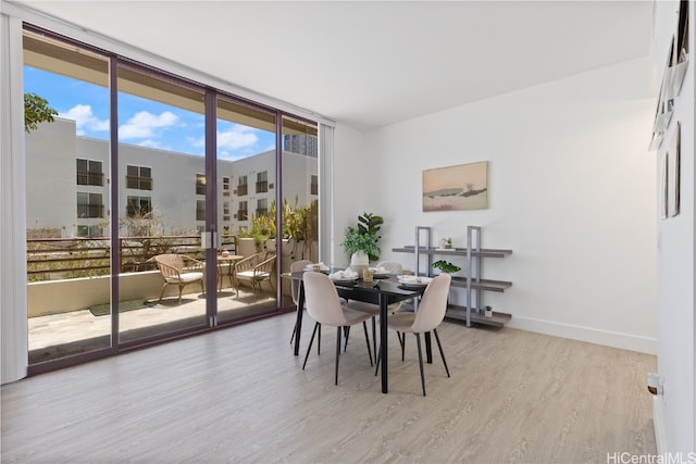 dining space featuring expansive windows and light hardwood / wood-style flooring