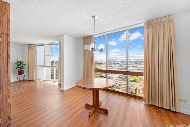 unfurnished dining area featuring a notable chandelier, wood-type flooring, a textured ceiling, and expansive windows