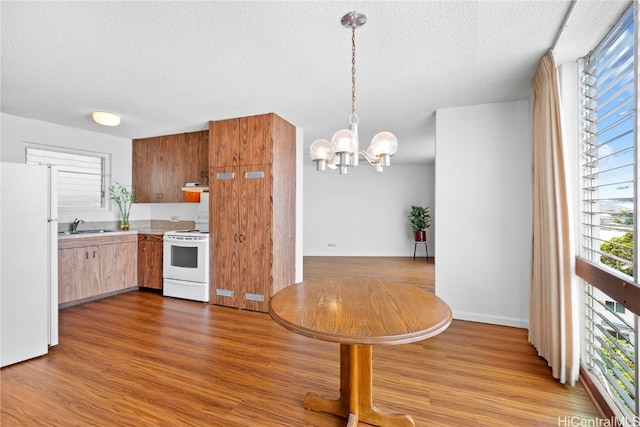 kitchen featuring a textured ceiling, wood-type flooring, pendant lighting, and white appliances