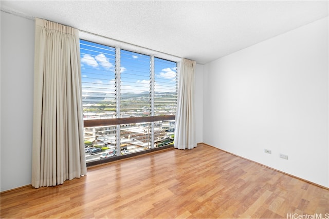 empty room with a textured ceiling, wood-type flooring, and floor to ceiling windows