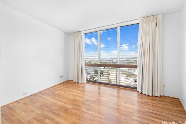 spare room with light hardwood / wood-style flooring, a textured ceiling, and floor to ceiling windows