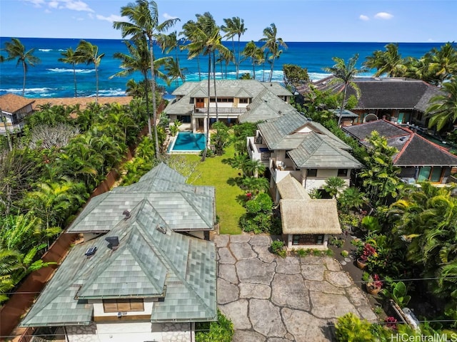 birds eye view of property featuring a water view