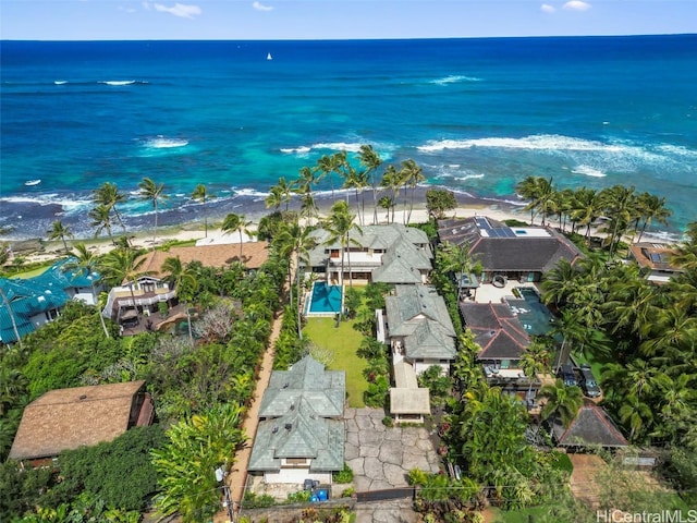 drone / aerial view featuring a water view