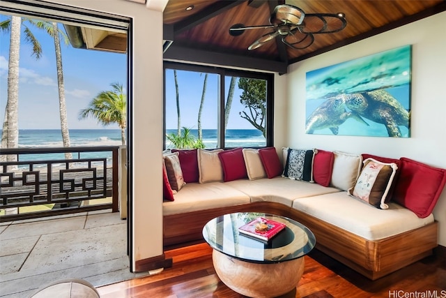 living room with a water view, ceiling fan, wooden ceiling, and wood-type flooring