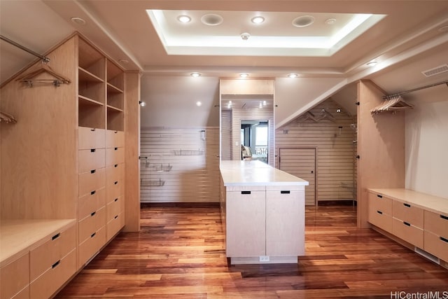 spacious closet featuring wood-type flooring and a raised ceiling