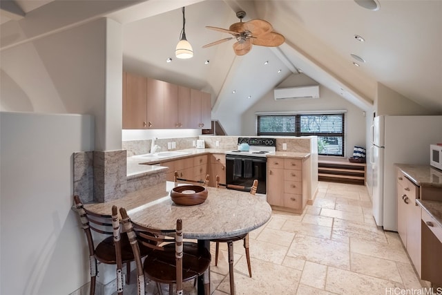 kitchen featuring white appliances, lofted ceiling with beams, kitchen peninsula, a wall mounted AC, and light brown cabinets