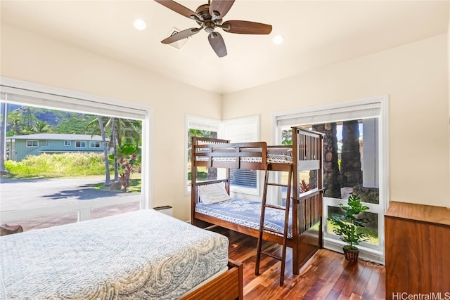 bedroom featuring dark hardwood / wood-style floors and ceiling fan