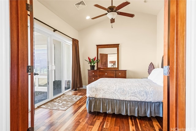 bedroom with hardwood / wood-style flooring, access to exterior, ceiling fan, and vaulted ceiling