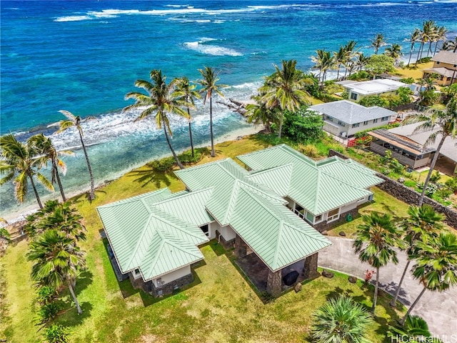 bird's eye view with a view of the beach and a water view