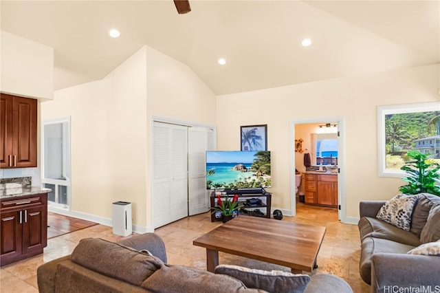 living room featuring high vaulted ceiling