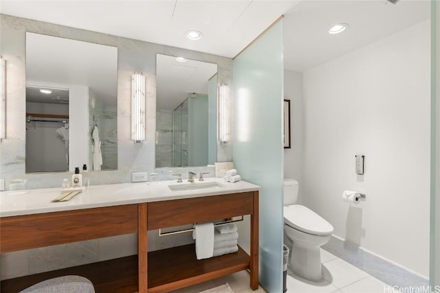 full bathroom with a shower with door, recessed lighting, toilet, and vanity