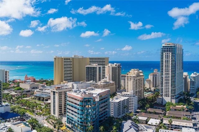 bird's eye view featuring a view of city and a water view