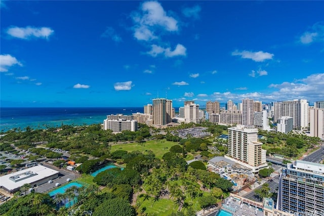 drone / aerial view featuring a city view and a water view