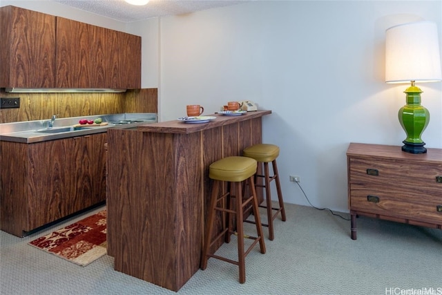 bar featuring sink, light carpet, and a textured ceiling