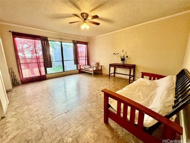 bedroom with access to outside, ceiling fan, a textured ceiling, and ornamental molding