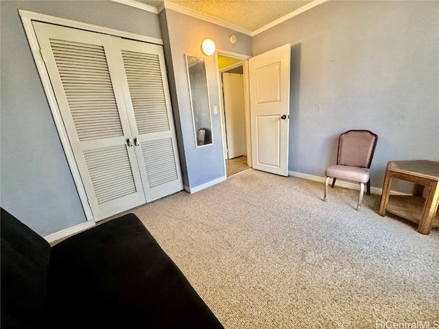 living area with ornamental molding and light colored carpet